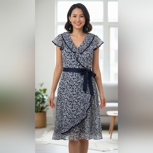 dressbarn Dresses & Skirts - Dressbarn Women's Navy White Leaf Print Faux Wrap Dress Size 14 Boho